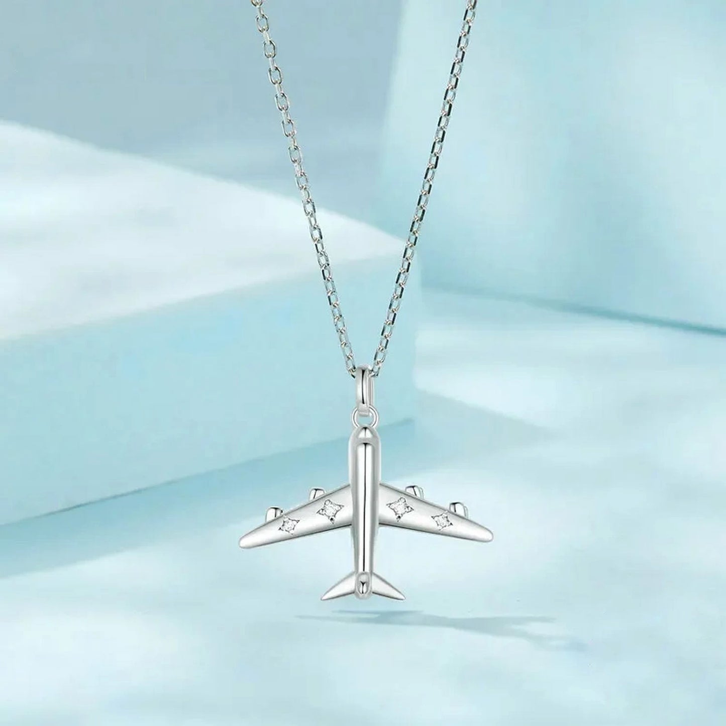 PAHALA 925 Strling Silver Delicate Airplane Travel With Crystals Pendant Necklace