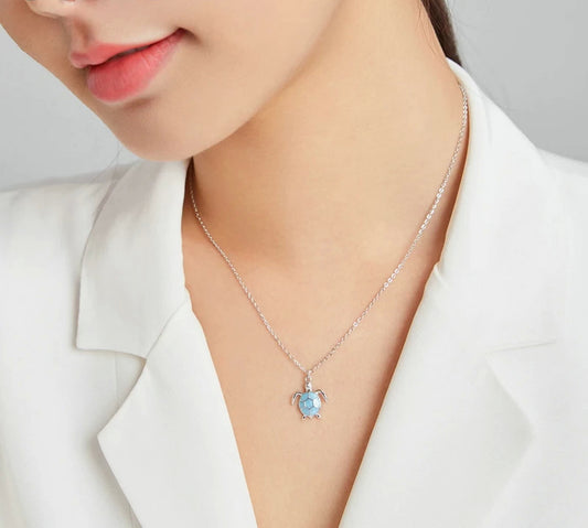 PAHALA 925 Strling Silver Sky Blue Enamel Turtle Cute Animal Pendant Necklace