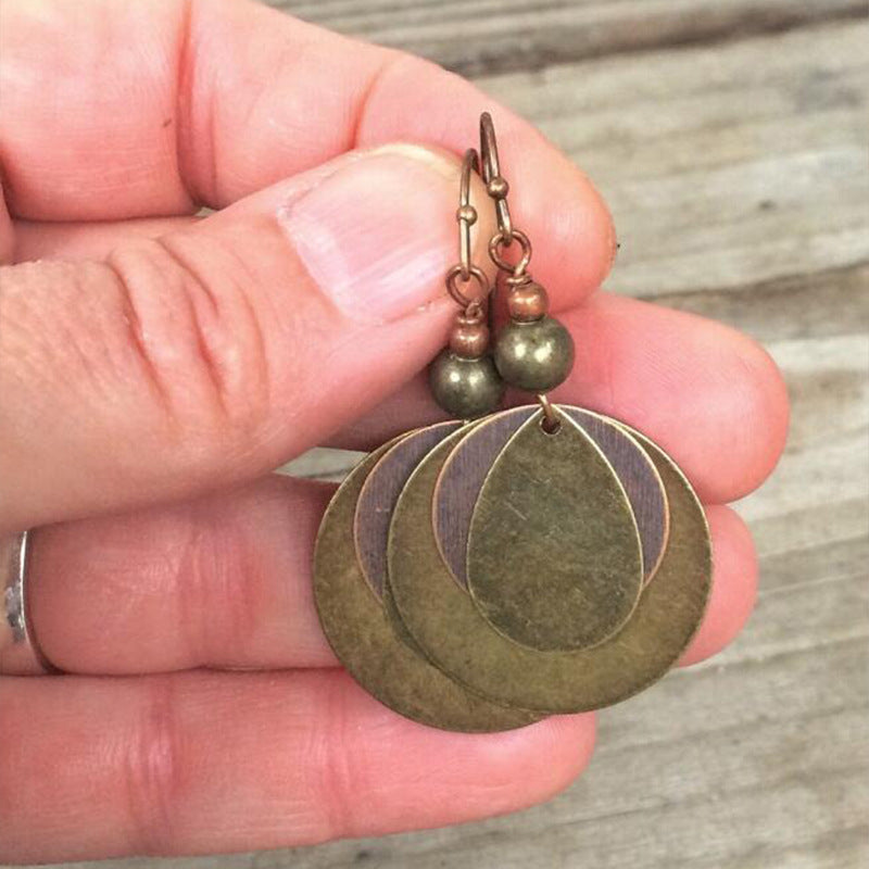 Bronze Carved Earrings for Women Bohemian Metal Gold Color Old Distressed Beaded Hook Dangle Earrings Jewelry