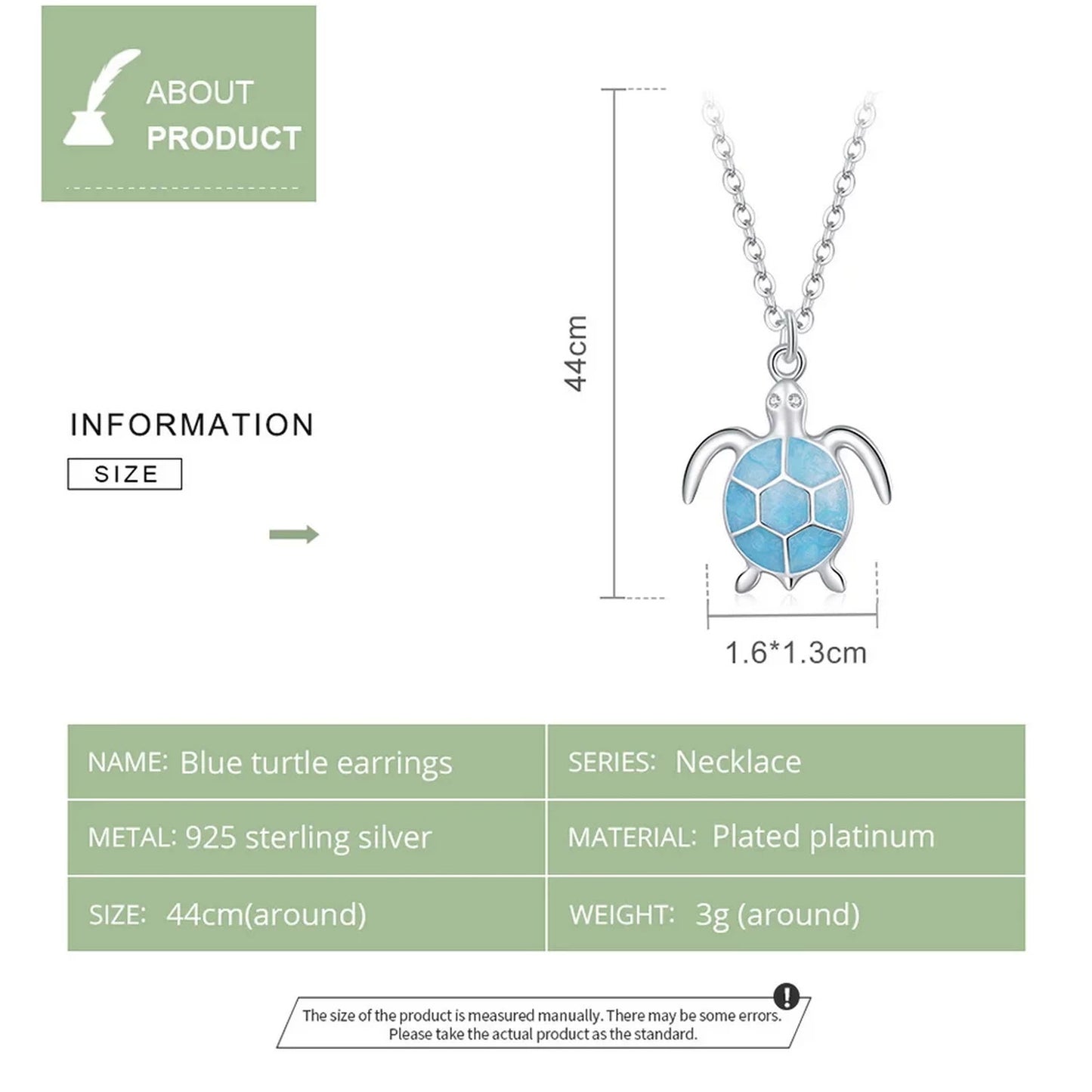 PAHALA 925 Strling Silver Sky Blue Enamel Turtle Cute Animal Pendant Necklace