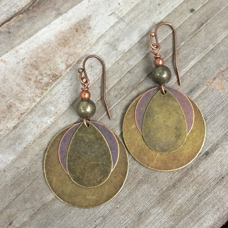 Bronze Carved Earrings for Women Bohemian Metal Gold Color Old Distressed Beaded Hook Dangle Earrings Jewelry