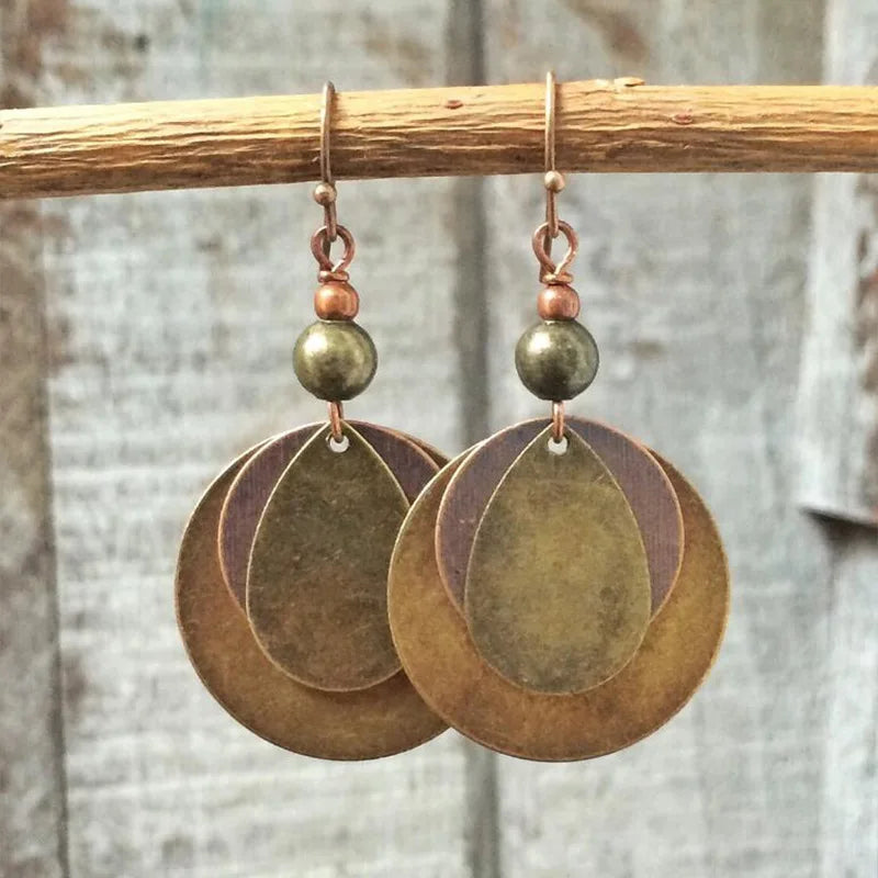 Bronze Carved Earrings for Women Bohemian Metal Gold Color Old Distressed Beaded Hook Dangle Earrings Jewelry