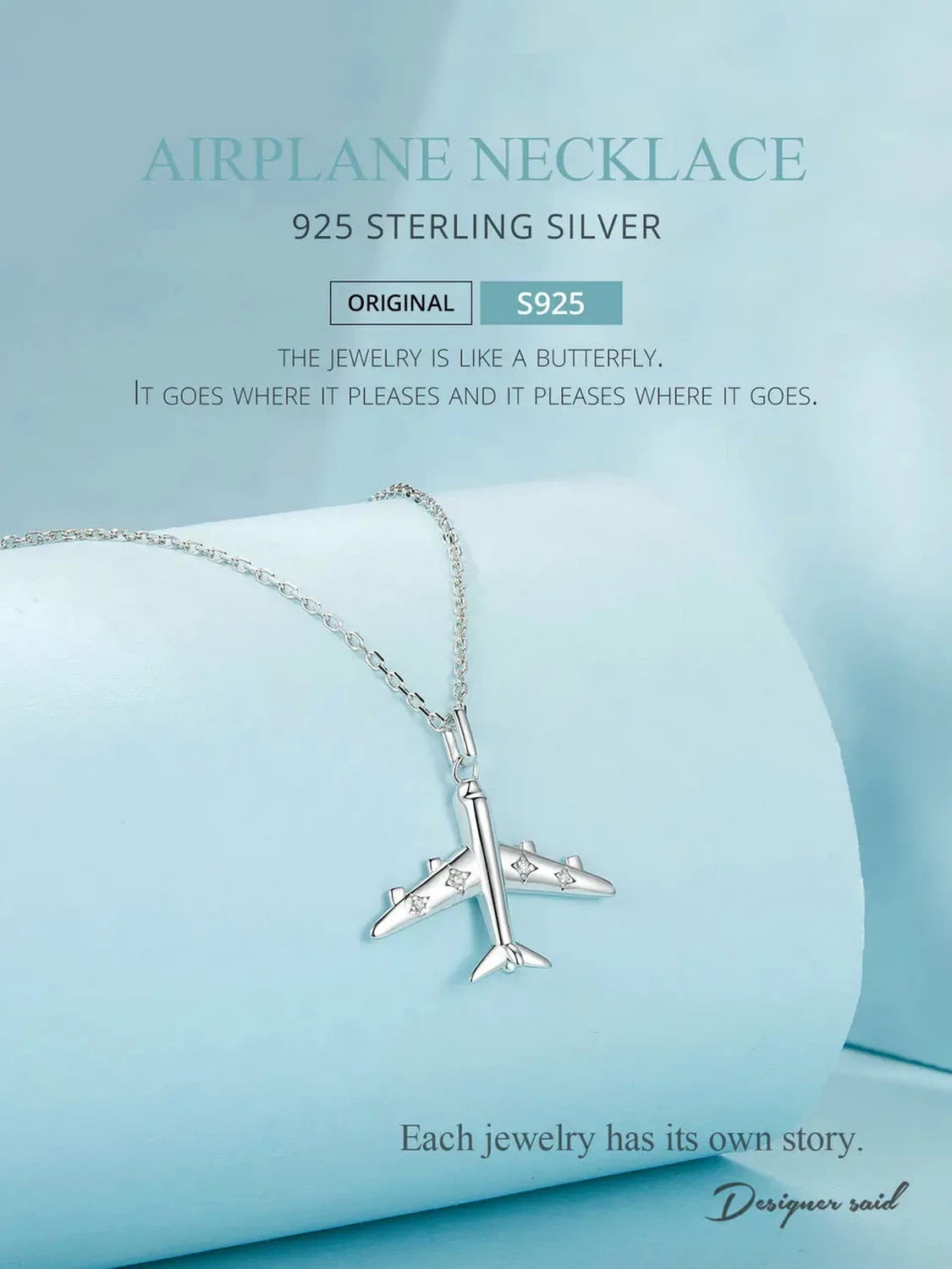 PAHALA 925 Strling Silver Delicate Airplane Travel With Crystals Pendant Necklace