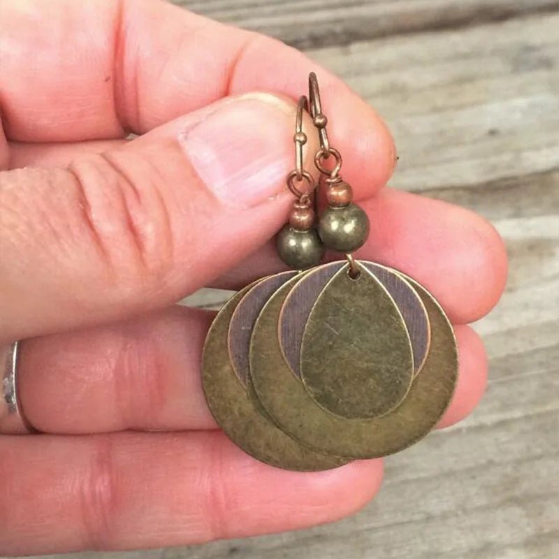 Bronze Carved Earrings for Women Bohemian Metal Gold Color Old Distressed Beaded Hook Dangle Earrings Jewelry