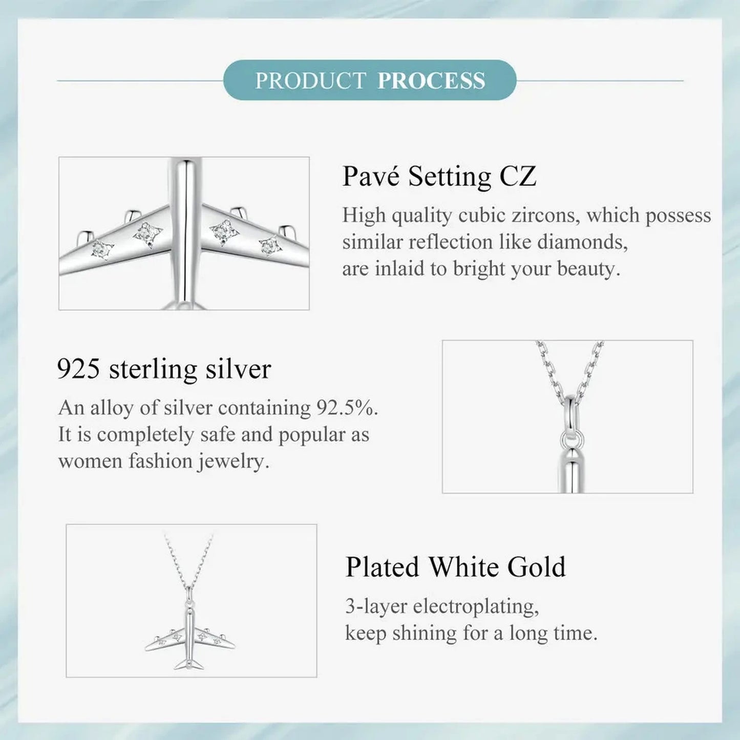 PAHALA 925 Strling Silver Delicate Airplane Travel With Crystals Pendant Necklace