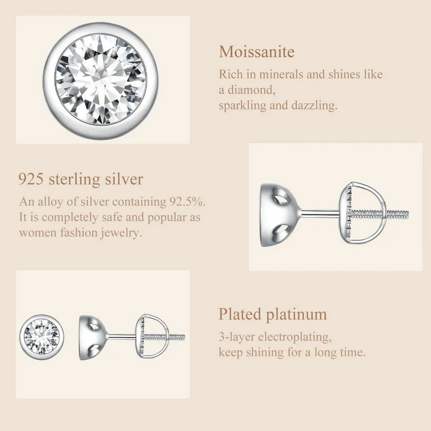 PAHALA Moissanite 0.5CT VVS1 EX D Color Bezel Stud Round Cut Lab Diamond Earrings