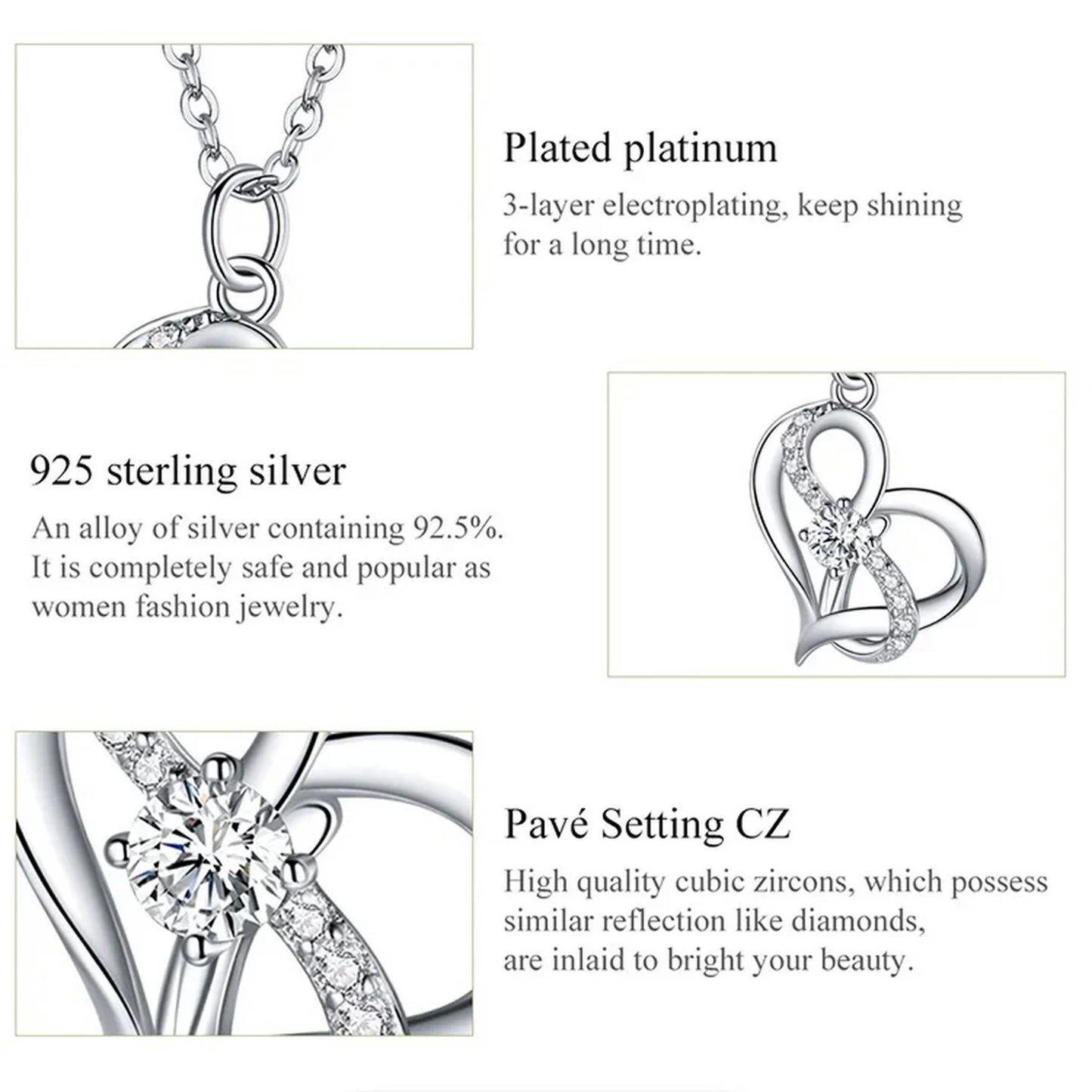 PAHALA 925 Strling Silver Clear CZ Forever Love Heart Pendant Necklace