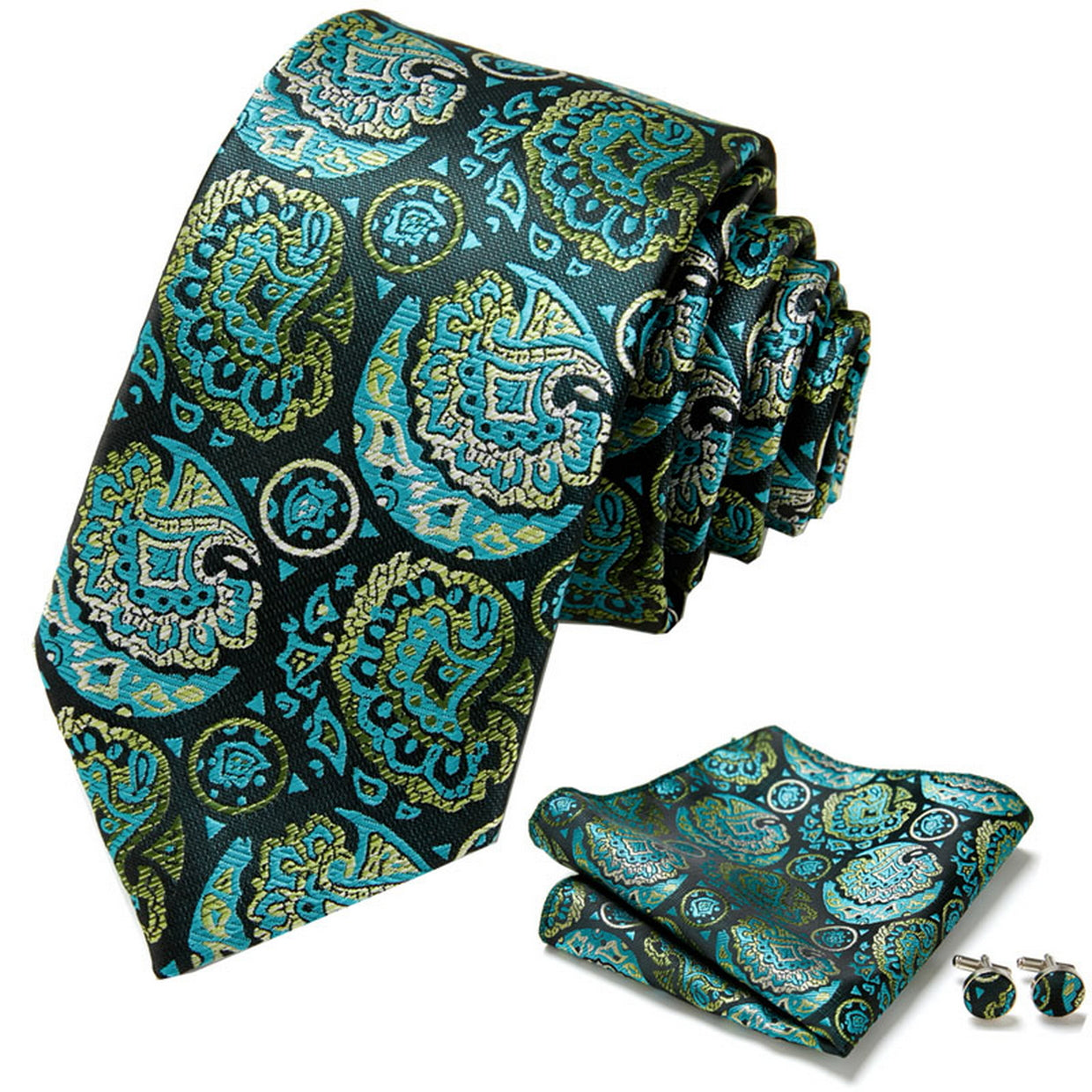 PAHALA Mens Silk Jacquard Woven Necktie Cufflinks Pocket Square Set Box