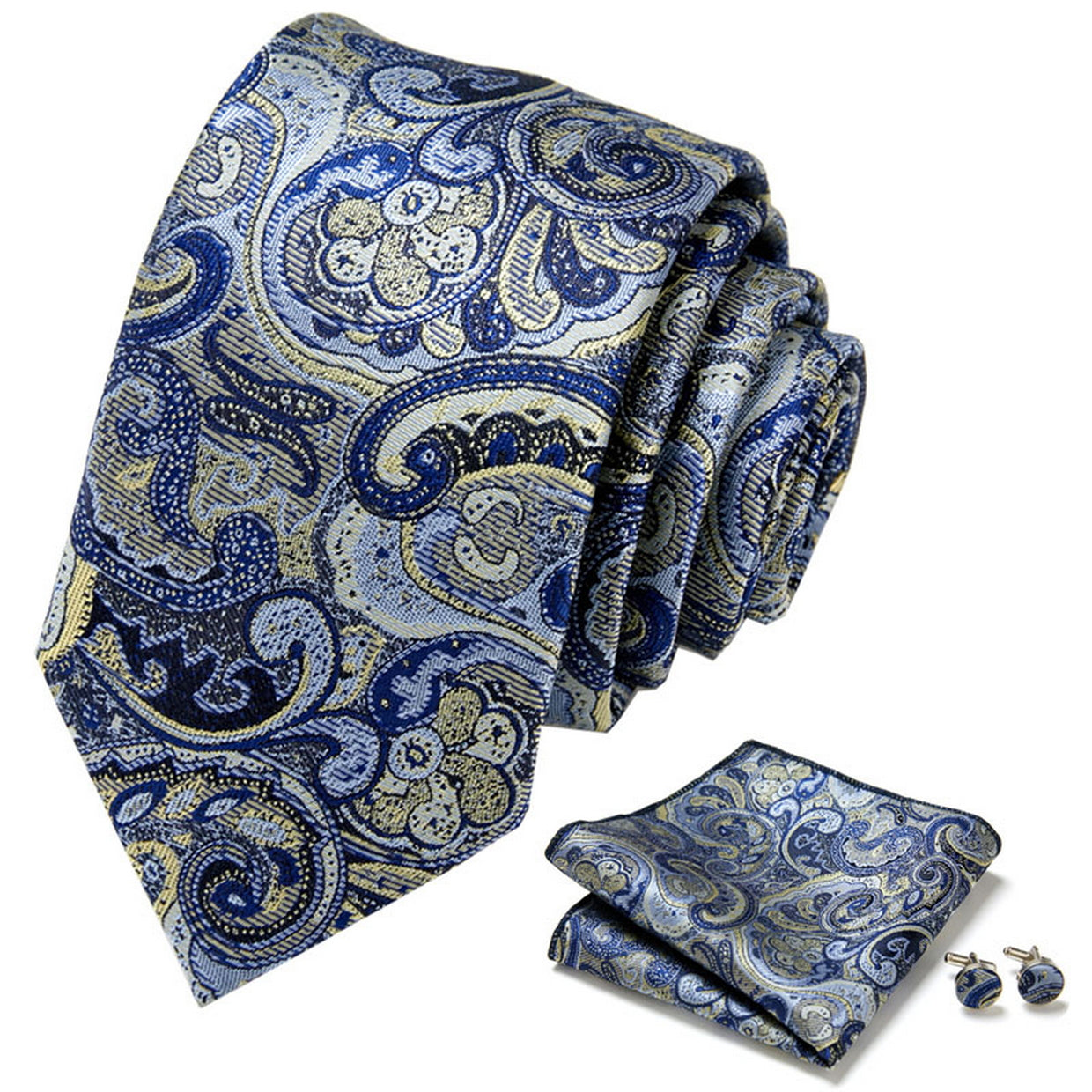 PAHALA Mens Silk Jacquard Woven Necktie Cufflinks Pocket Square Set Box