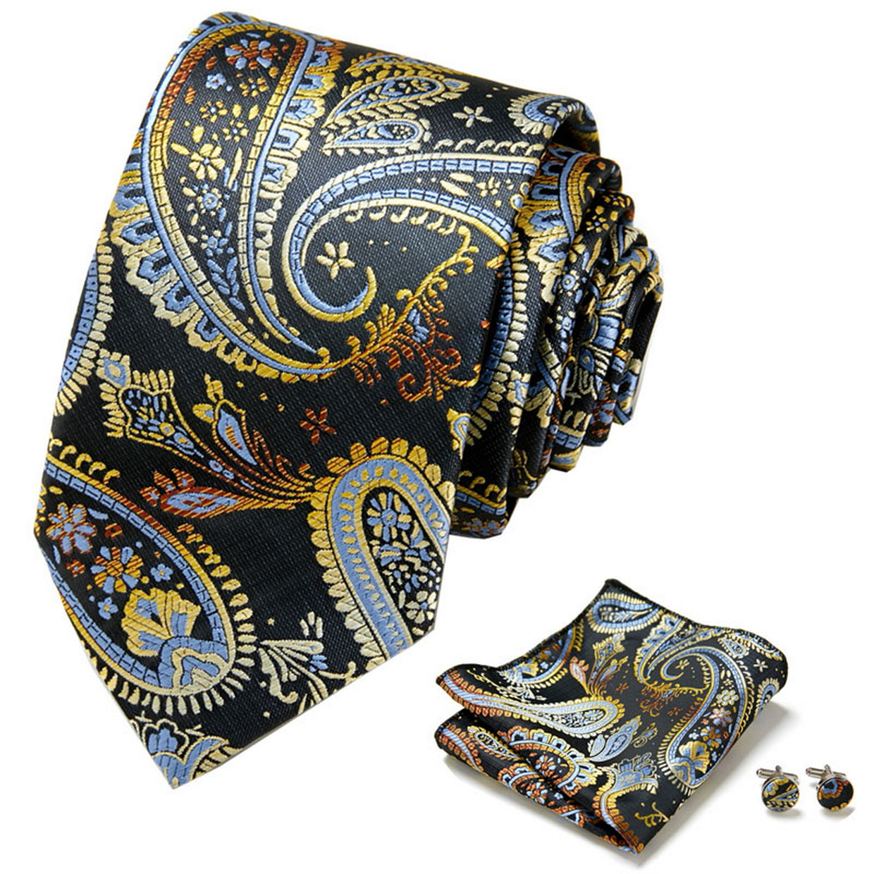 PAHALA Mens Silk Jacquard Woven Necktie Cufflinks Pocket Square Set Box