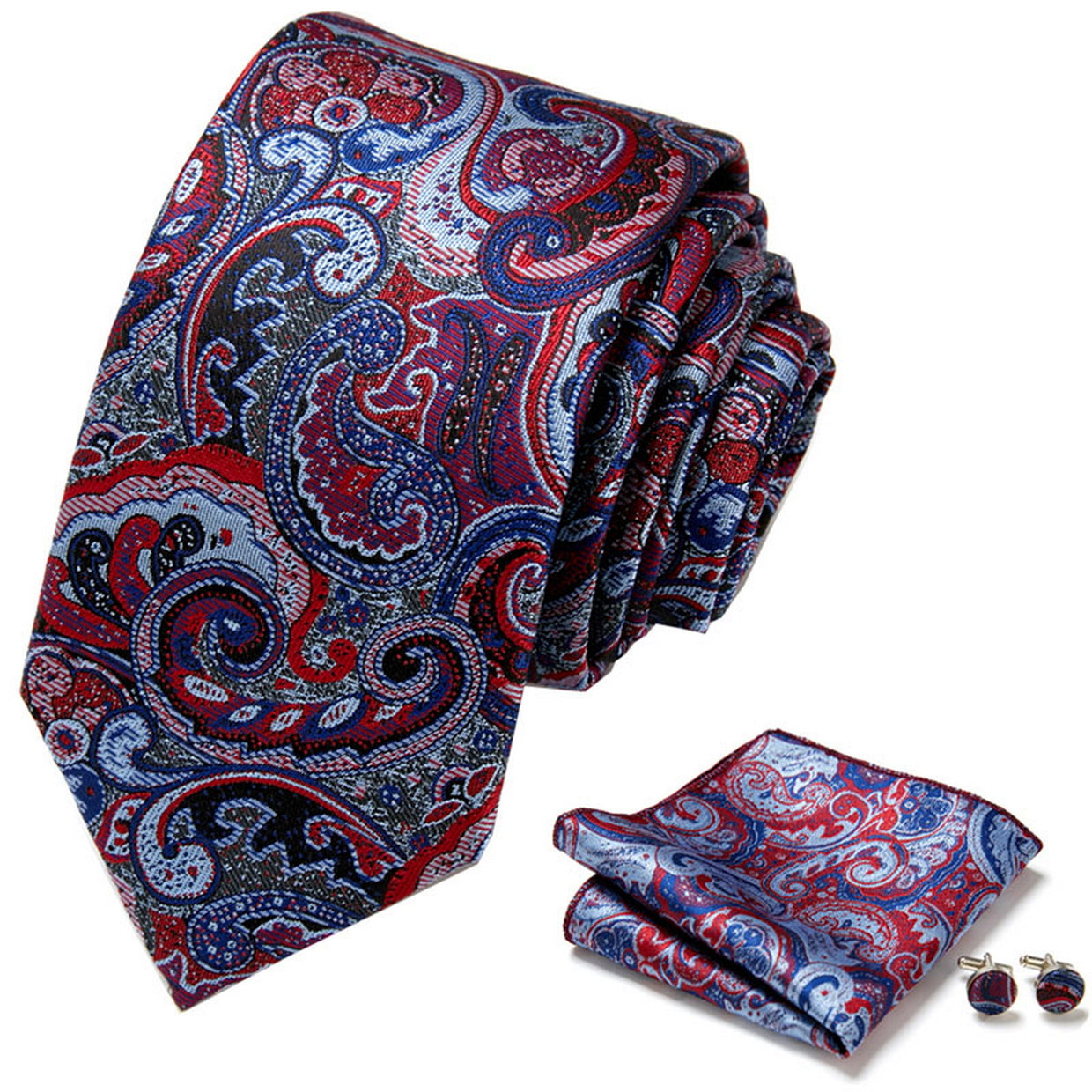 PAHALA Mens Silk Jacquard Woven Necktie Cufflinks Pocket Square Set Box