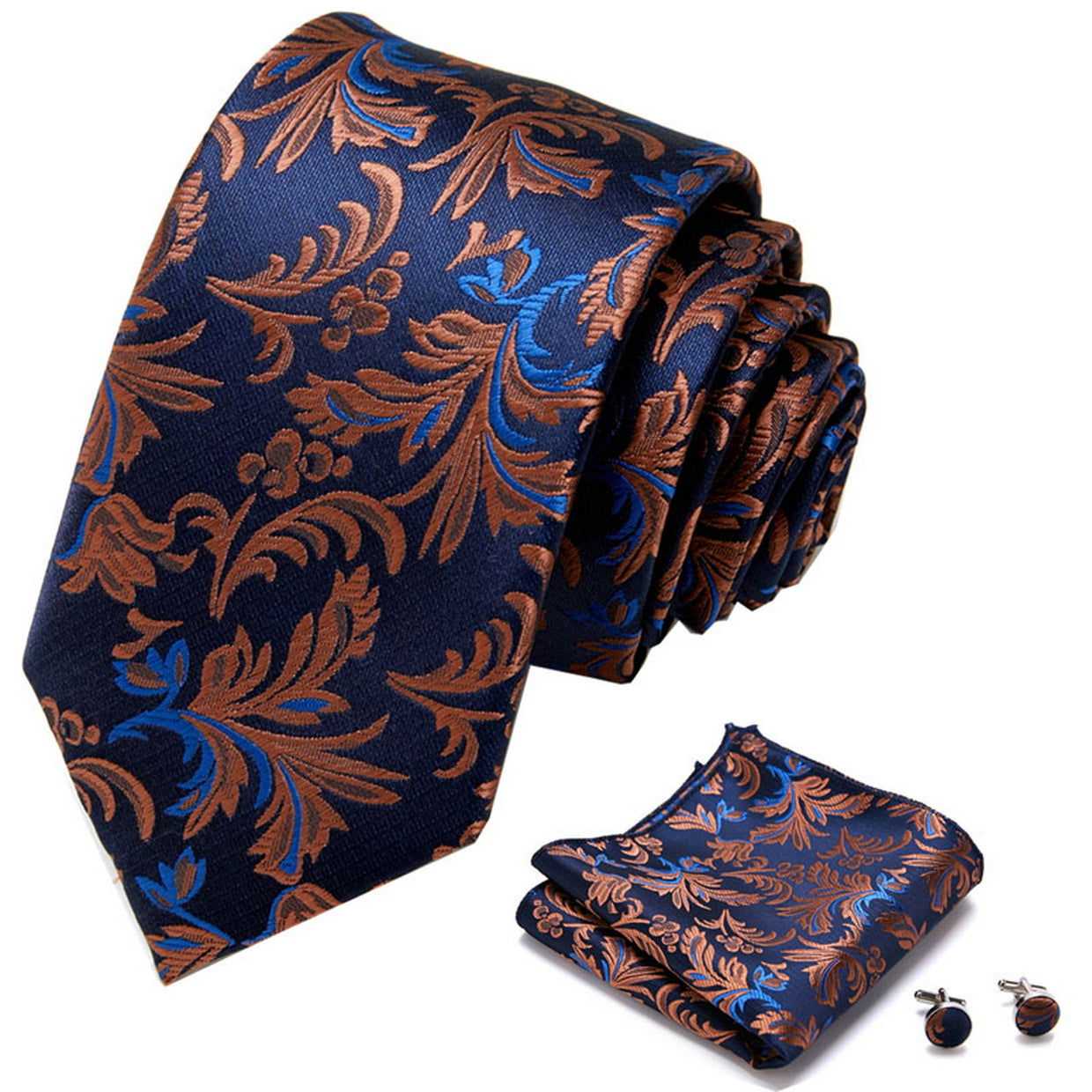 PAHALA Mens Silk Jacquard Woven Necktie Cufflinks Pocket Square Set Box