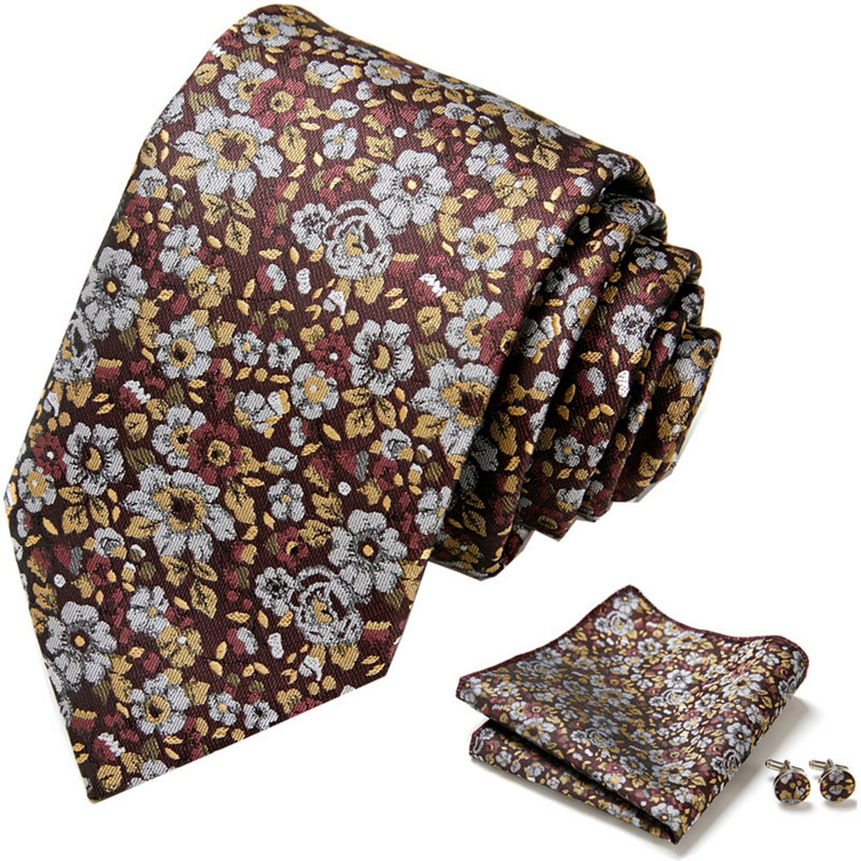 PAHALA Mens Silk Jacquard Woven Necktie Cufflinks Pocket Square Set Box