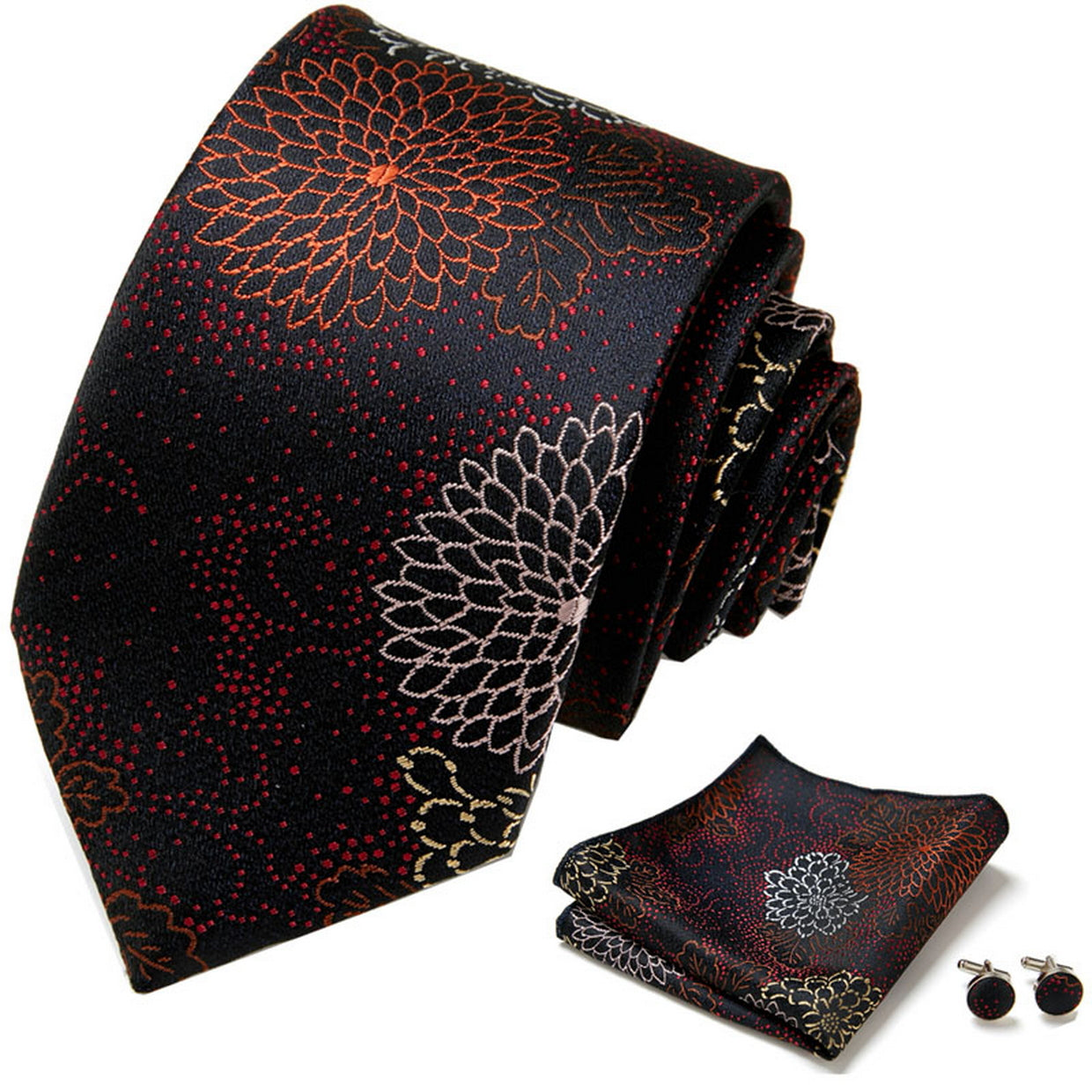 PAHALA Mens Silk Jacquard Woven Necktie Cufflinks Pocket Square Set Box