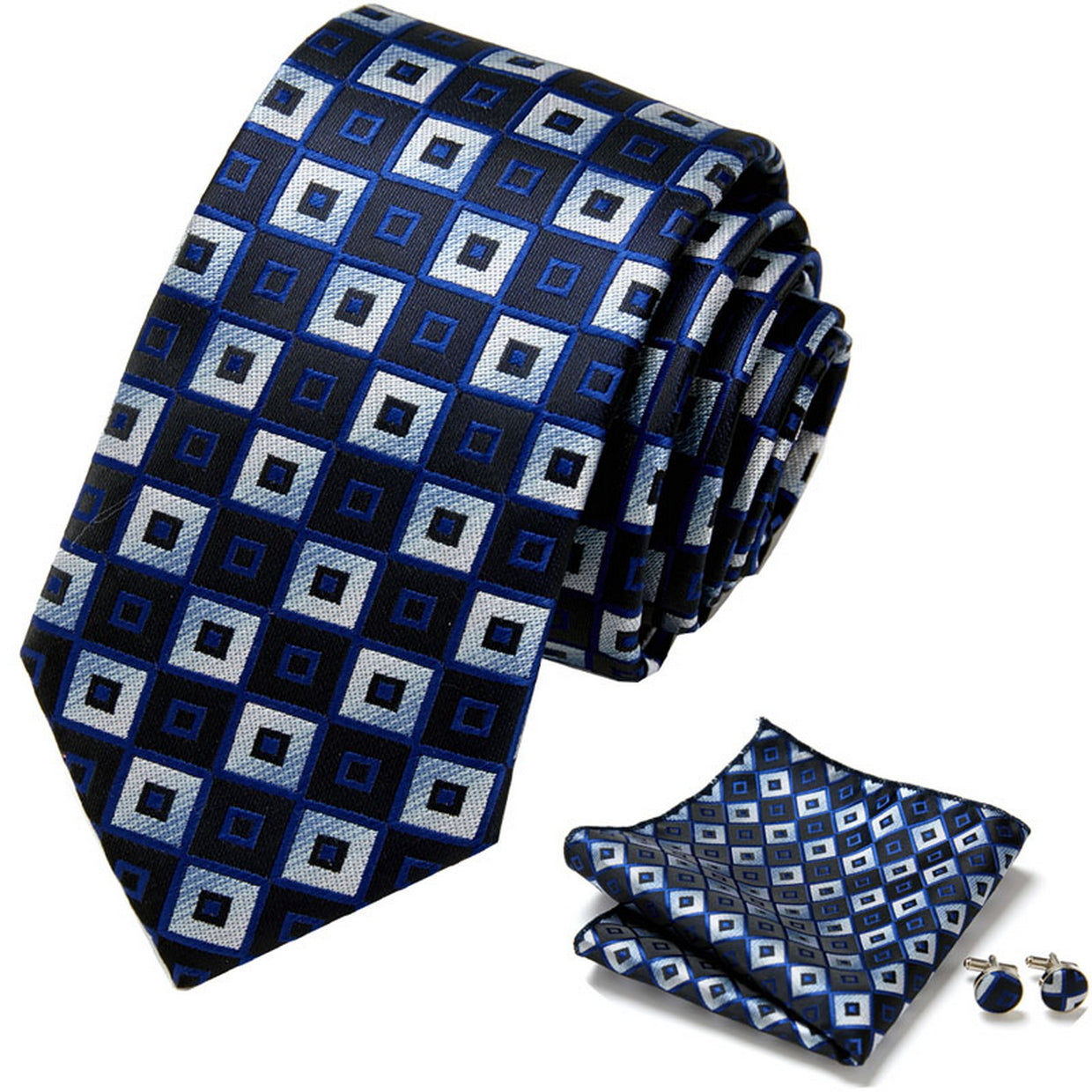 PAHALA Mens Silk Jacquard Woven Necktie Cufflinks Pocket Square Set Box