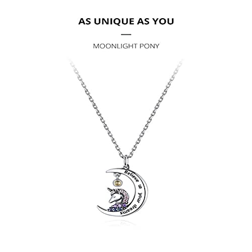 PAHALA 925 Sterling Silver Moonlight Unicorn Crystals Believe Chain Necklace Pendant Wedding Necklace