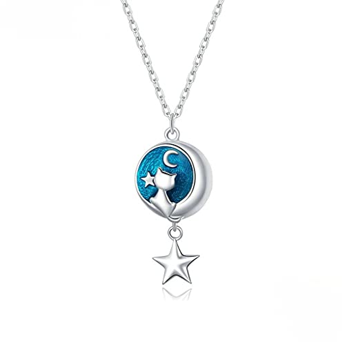 PAHALA 925 Sterling Silver Enamel Geometric Moon Cat Chain Necklace Pendant Wedding Necklace