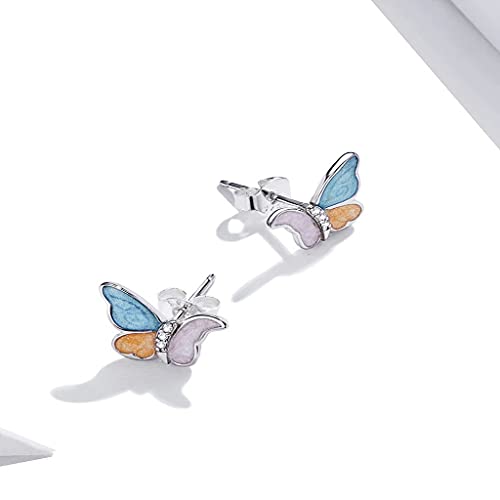 PAHALA 925 Sterling Silver Cute Enamel Butterfly Three Colors Crystals Stud Earrings