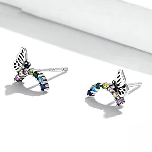 PAHALA 925 Sterling Silver Cute Rainbow Butterfly Coloful Crystals Stud Earrings