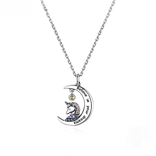 PAHALA 925 Sterling Silver Moonlight Unicorn Crystals Believe Chain Necklace Pendant Wedding Necklace