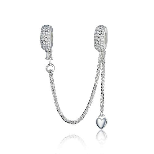 PAHALA 925 Strling Silver Love Heart Safety Chain with Pendant Charms Beads