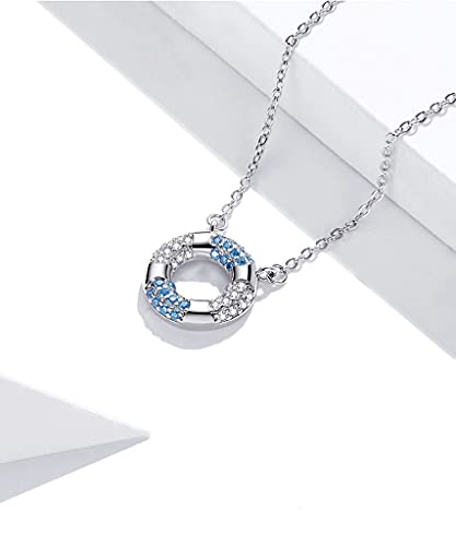 PAHALA 925 Sterling Silver Blue Swimming Ring Circle Charm Sport Crystals Pendant Necklace