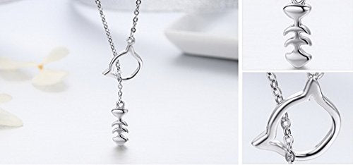 PAHALA 925 Sterling Silver Sweet Little Cat Love Fish Clear CZ Pendant Necklace