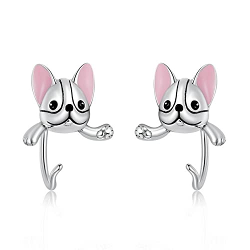 PAHALA 925 Sterling Silver Shining Pink Mini Dog Stud Earrings