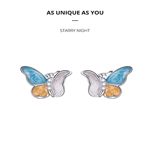 PAHALA 925 Sterling Silver Cute Enamel Butterfly Three Colors Crystals Stud Earrings