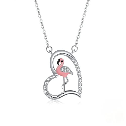 PAHALA 925 Sterling Silver Enamel Pink Animal Heart Memnon Flamingos Chain Necklace Pendant Wedding Necklace
