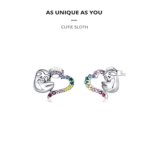 PAHALA 925 Sterling Silver Rainbow Color Heart With Crystals Sloth Stud Earrings