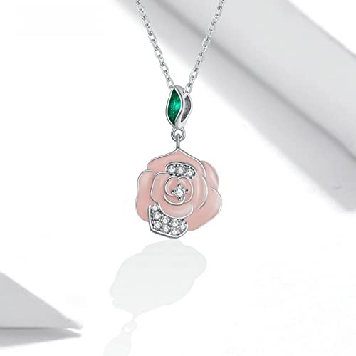 PAHALA 925 Sterling Silver Enamel Romantic Pink Flower Chain Necklace Pendant Wedding Necklace