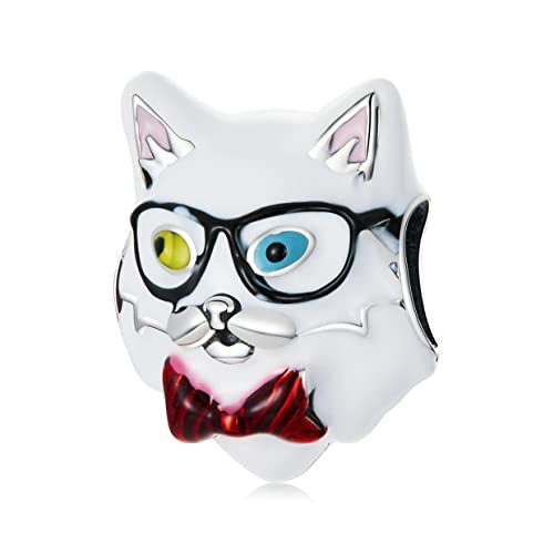 PAHALA 925 Sterling Silver Enamel Cartoon Cute White Cat Charm Bead