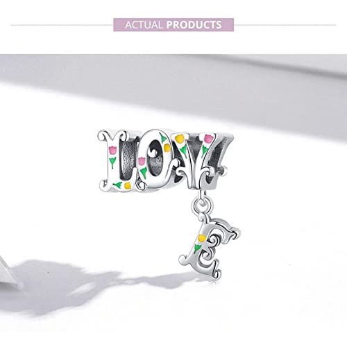 PAHALA 925 Sterling Silver Enamel Flowers Letters Love Pendant Charm Bead