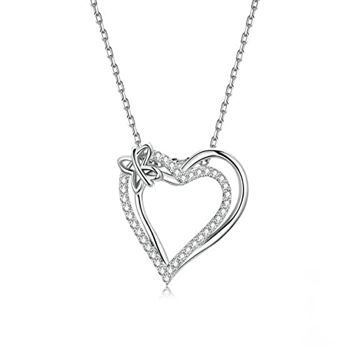 PAHALA 925 Sterling Silver Crystals Double Layer Heart Chain Necklace Pendant Wedding Necklace