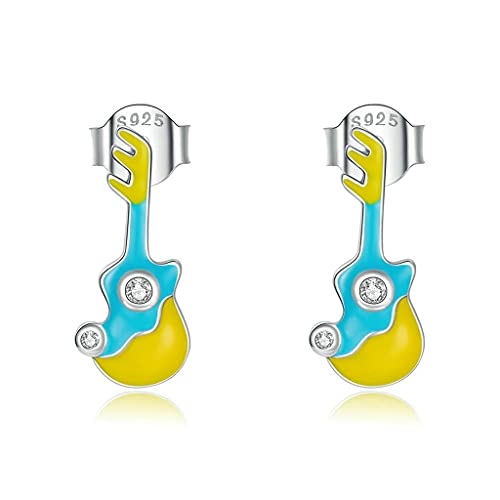 PAHALA 925 Sterling Silver Cute Simple Musical Instrument Guitar Lute Stud Earrings