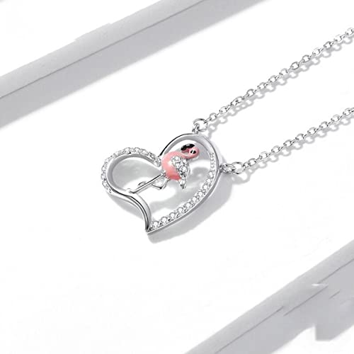 PAHALA 925 Sterling Silver Enamel Pink Animal Heart Memnon Flamingos Chain Necklace Pendant Wedding Necklace
