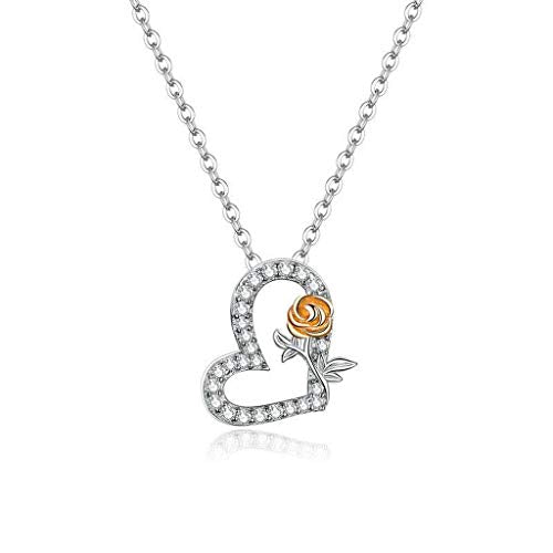 PAHALA 925 Sterling Silver Heart and Rose Pendant Chain with Crystal Pendant Necklace