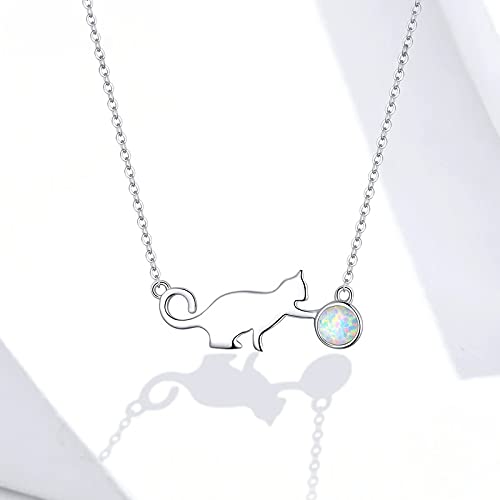 PAHALA 925 Sterling Silver Cute Pussy Cat with Ball Opal Pendant Necklace