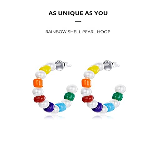 PAHALA 925 Sterling Silver Cute Rainbow Shell Pearl Hoop Earrings Stud Earrings