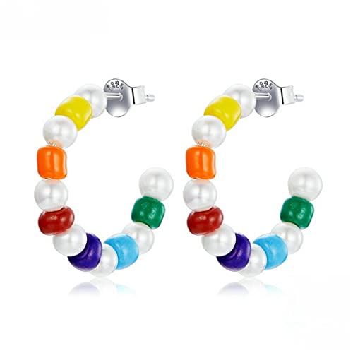 PAHALA 925 Sterling Silver Cute Rainbow Shell Pearl Hoop Earrings Stud Earrings