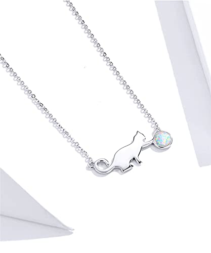 PAHALA 925 Sterling Silver Cute Pussy Cat with Ball Opal Pendant Necklace