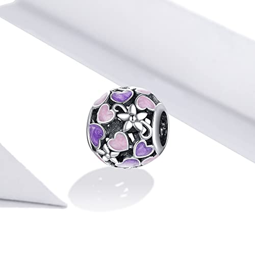 PAHALA 925 Sterling Silver Enamel Heart Purple Pink Ball Round Flower Charm Bead