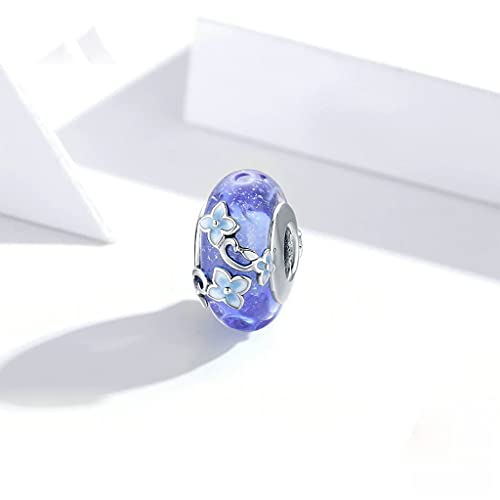 PAHALA 925 Strling Silver Blue Glass Secret Garden Flower Hydrangeas Charm Bead