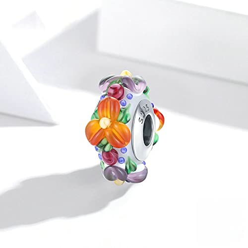 PAHALA 925 Sterling Silver Enamel make Colorful Flowers Glasses Charm Bead