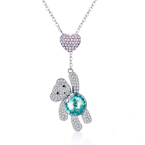 PAHALA 925 Sterling Silver Cute Bear Heart Love Green Crystals Clear CZ Pendant Necklace