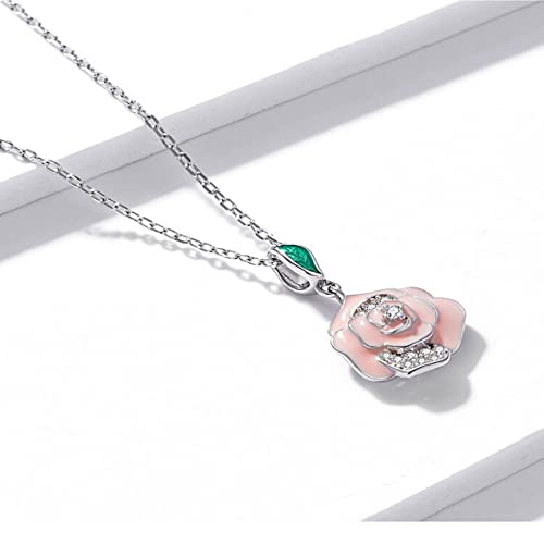 PAHALA 925 Sterling Silver Enamel Romantic Pink Flower Chain Necklace Pendant Wedding Necklace