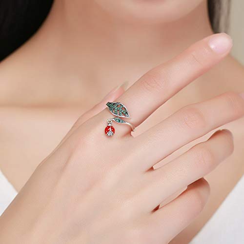 PAHALA 925 Strling Silver Resting Ladybug Dangle in Tree Finger Weeding Party Ring