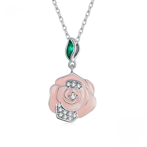 PAHALA 925 Sterling Silver Enamel Romantic Pink Flower Chain Necklace Pendant Wedding Necklace