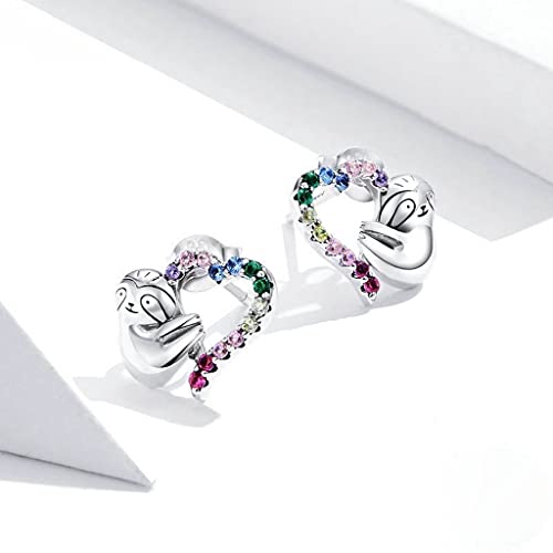 PAHALA 925 Sterling Silver Rainbow Color Heart With Crystals Sloth Stud Earrings